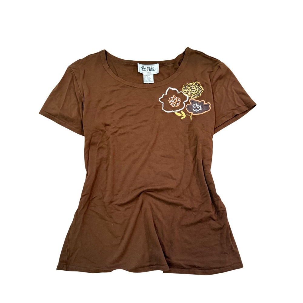 Bob Mackie Studio Brown Floral Sequin Tee Women Small Fairycore Boho Vibe
